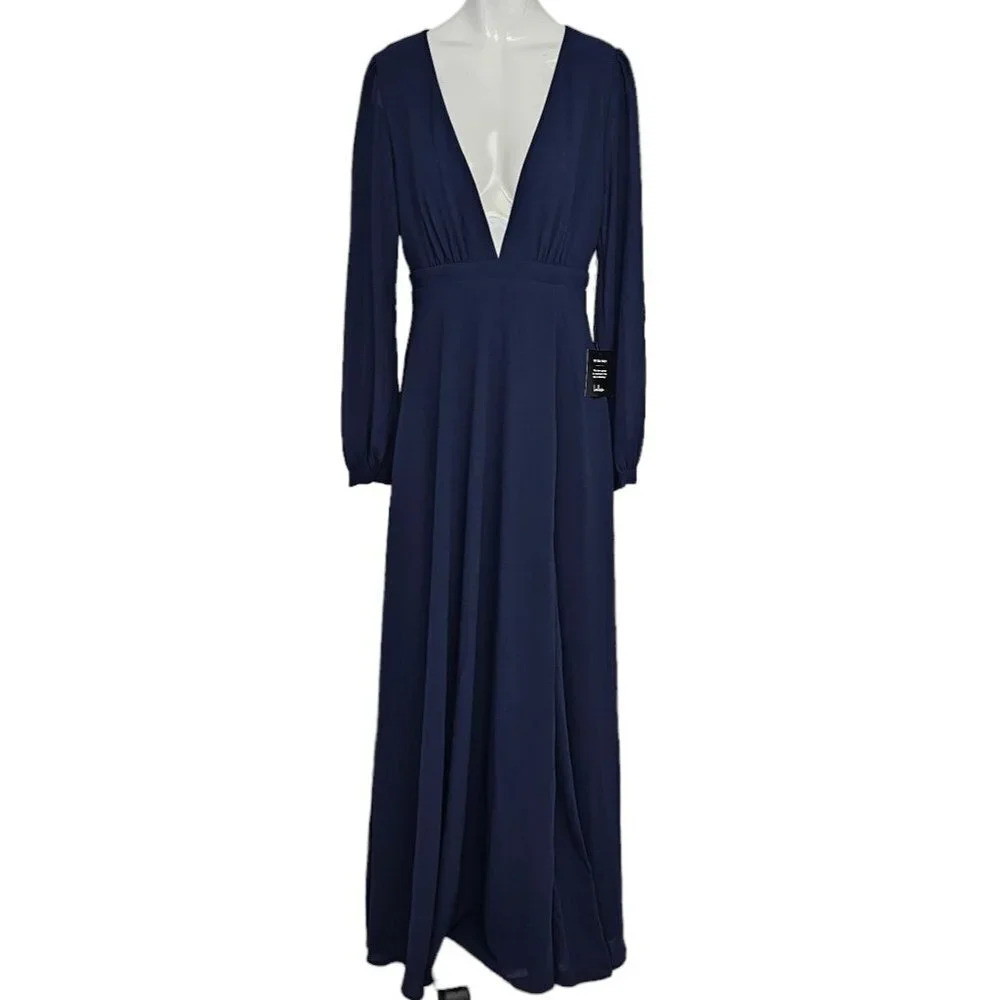 Lulu's All My Life Navy Blue Long Sleeve Maxi Dress Size XS NWT Chiffon V-Neck - Picture 2 of 11
